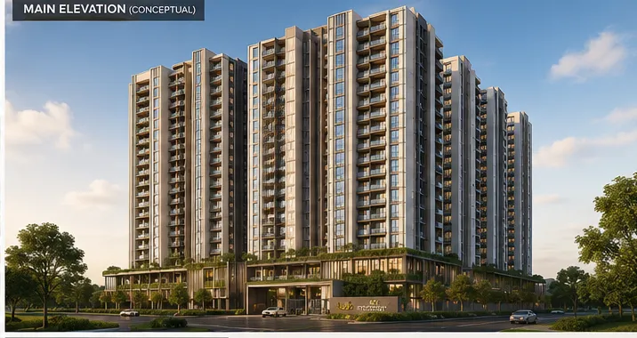Conceptual elevation of Habulus Oasis Grove, a 2 and 3 BHK apartment project in Jigani, Bengaluru
